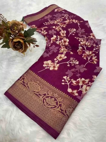 NEW ARRIVAL OLA SILK PRINT WITH JACQUARD BORDER WORK SAREE WITH UNSTITCHED BLOUSE WINE