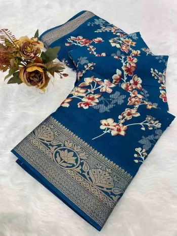 NEW ARRIVAL OLA SILK PRINT WITH JACQUARD BORDER WORK SAREE WITH UNSTITCHED BLOUSE BLUE