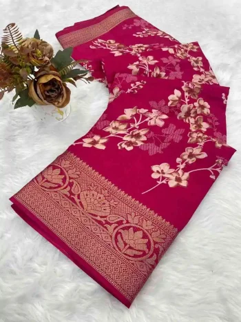 NEW ARRIVAL OLA SILK PRINT WITH JACQUARD BORDER WORK SAREE WITH UNSTITCHED BLOUSE RANI