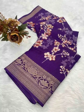 NEW ARRIVAL OLA SILK PRINT WITH JACQUARD BORDER WORK SAREE WITH UNSTITCHED BLOUSE PURPLE