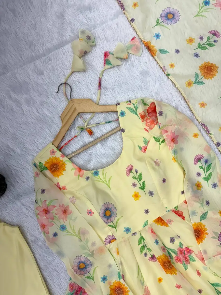 NEW ARRIVAL ORGANZA FLORAL PRINT WORK GOWN BOTTOM WITH DUPATTA FESTIVE WEAR WHOLESALE PRICE ETHNIC GARMENT (1)