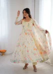 NEW ARRIVAL ORGANZA FLORAL PRINT WORK GOWN BOTTOM WITH DUPATTA CREAM