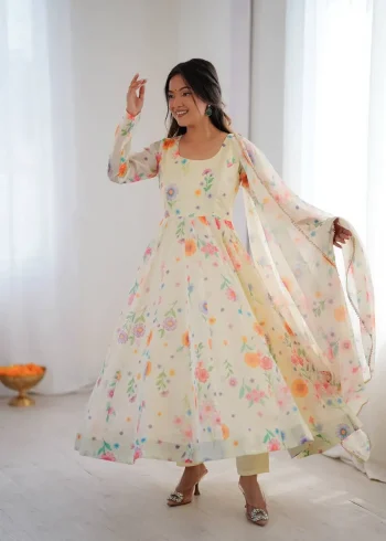 NEW ARRIVAL ORGANZA FLORAL PRINT WORK GOWN BOTTOM WITH DUPATTA CREAM