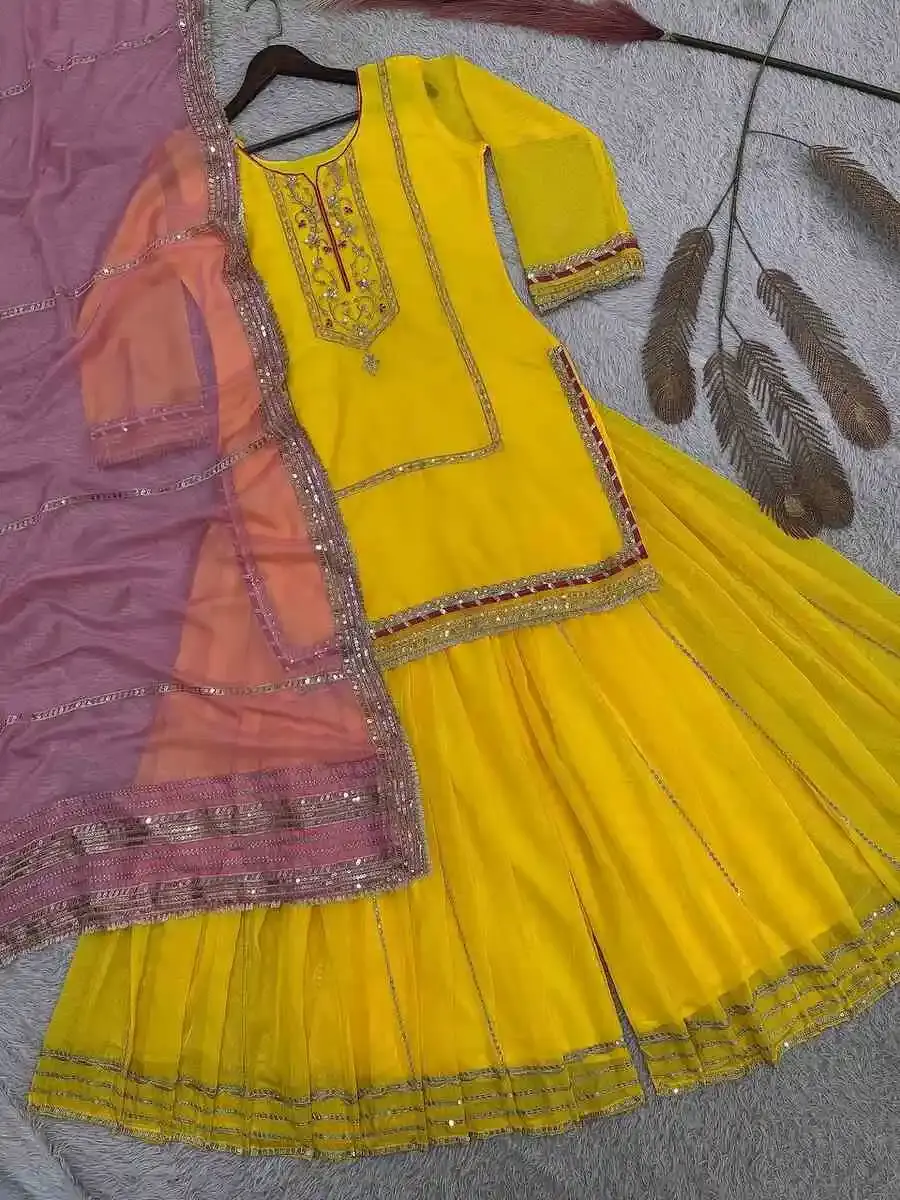 NEW ARRIVAL ORGANZA SILK EMBROIDERY AND SEQUENCE WORK AND LACE BORDER WORK TOP PALAZZO WITH DUPATTA FESTIVE WEAR WHOLESALE PRICE ETHNIC GARMENT (12)