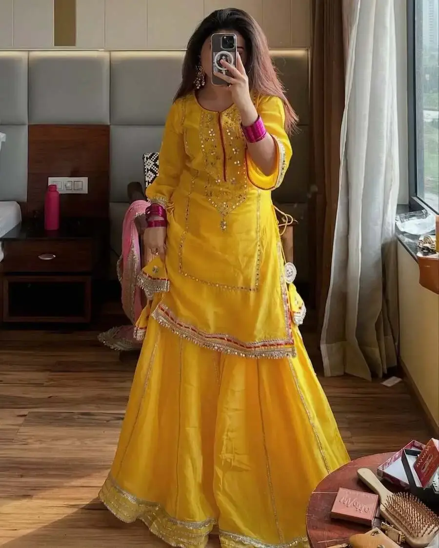 NEW ARRIVAL ORGANZA SILK EMBROIDERY AND SEQUENCE WORK AND LACE BORDER WORK TOP PALAZZO WITH DUPATTA FESTIVE WEAR WHOLESALE PRICE ETHNIC GARMENT (3)