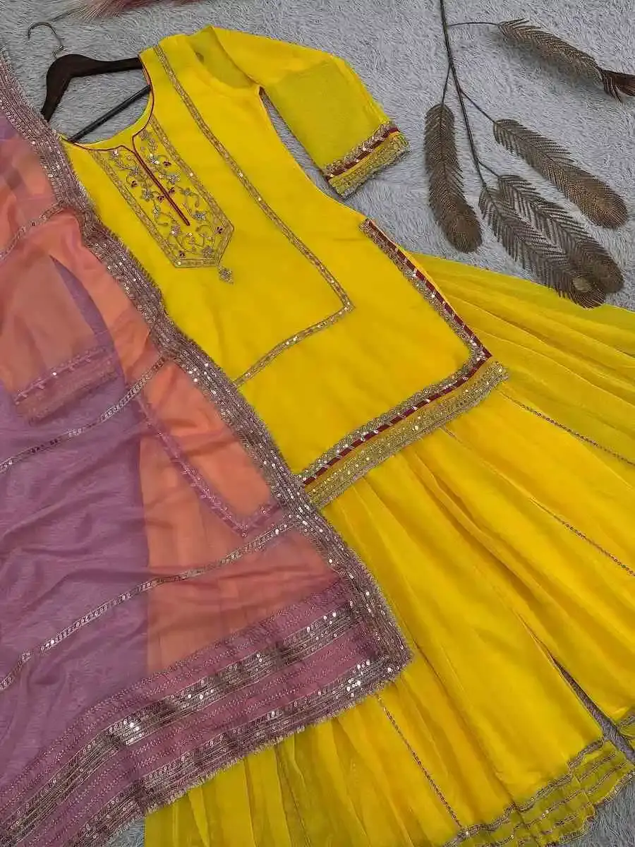 NEW ARRIVAL ORGANZA SILK EMBROIDERY AND SEQUENCE WORK AND LACE BORDER WORK TOP PALAZZO WITH DUPATTA FESTIVE WEAR WHOLESALE PRICE ETHNIC GARMENT (7)