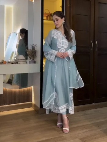 NEW ARRIVAL ORGANZA SILK EMBROIDERY WORK TOP PALAZZO WITH DUPATTA SKY