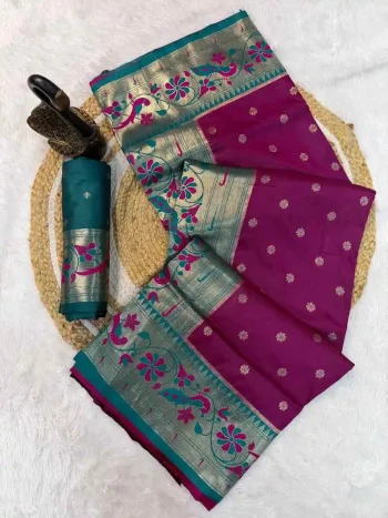 NEW ARRIVAL PAITHANI SILK ZARI WEAVING WORK SAREE WITH UNSTITCHED BLOUSE WINE