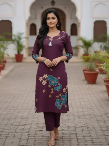 NEW ARRIVAL POLY RAYON PRINT WORK ONLY KURTI WINE