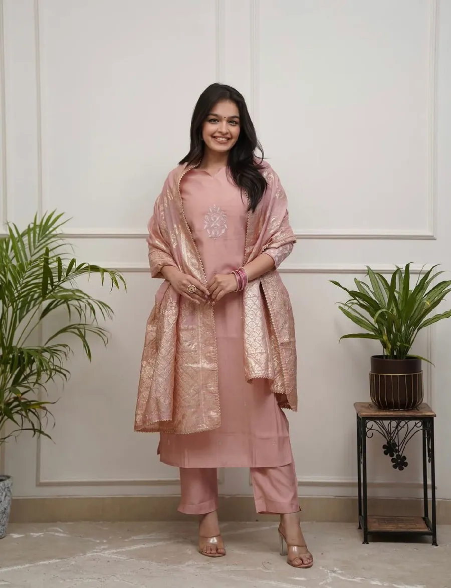 NEW ARRIVAL PV CHANDERI EMBROIDERY WORK TOP BOTTOM WITH DUPATTA FESTIVE WEAR WHOLESALE PRICE ETHNIC GARMENT (9)