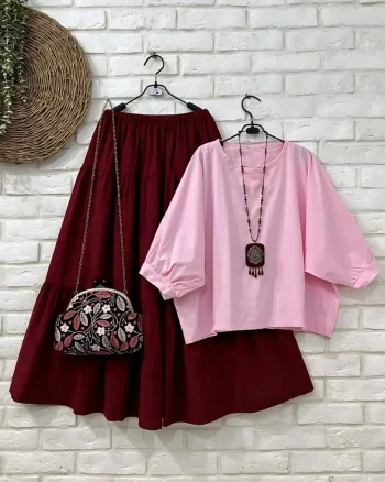 NEW ARRIVAL RAYON PLAIN TOP WITH LAYER SKIRT MAROON AND BABY PINK