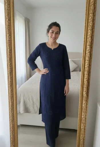 NEW ARRIVAL RAYON SEQUENCE EMBROIDERY WORK KURTI PALAZZO SET NAVY BLUE