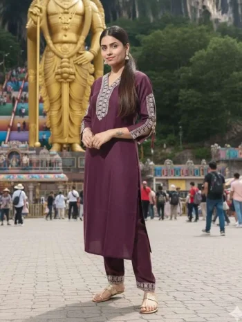 NEW ARRIVAL SLUB COTTON EMBROIDERY WORK TOP PENT SET WINE