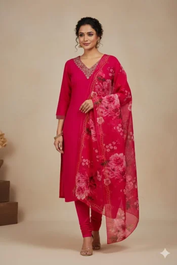 NEW ARRIVAL SLUB COTTON SEQUENCE EMBROIDERY WORK TOP BOTTOM WITH DUPATTA PINK