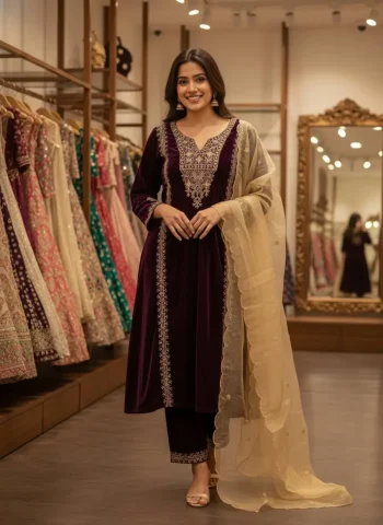 NEW ARRIVAL VELVET EMBROIDERY WORK TOP BOTTOM WITH DUPATTA PURPLE