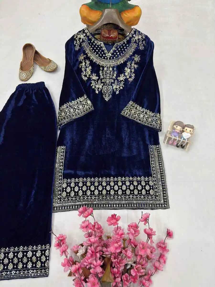 NEW ARRIVAL VELVET SEQUENCE & ZARI EMBROIDERY WORK TOP PALAZZO SET FESTIVE WEAQR WHOLESALE PRICE ETHNIC GARMENT (1)
