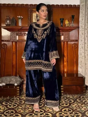 NEW ARRIVAL VELVET SEQUENCE & ZARI EMBROIDERY WORK TOP PALAZZO SET NAVY BLUE