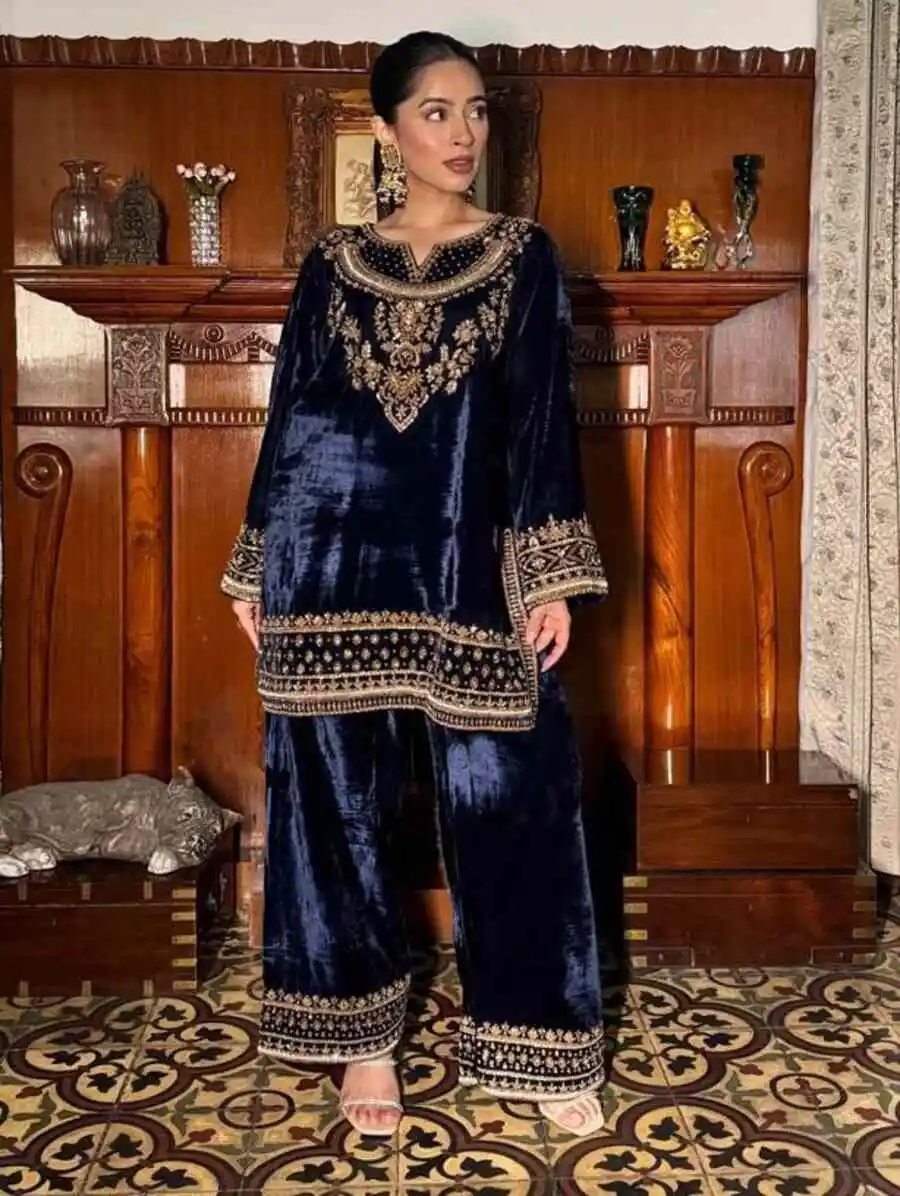 NEW ARRIVAL VELVET SEQUENCE & ZARI EMBROIDERY WORK TOP PALAZZO SET FESTIVE WEAQR WHOLESALE PRICE ETHNIC GARMENT (8)