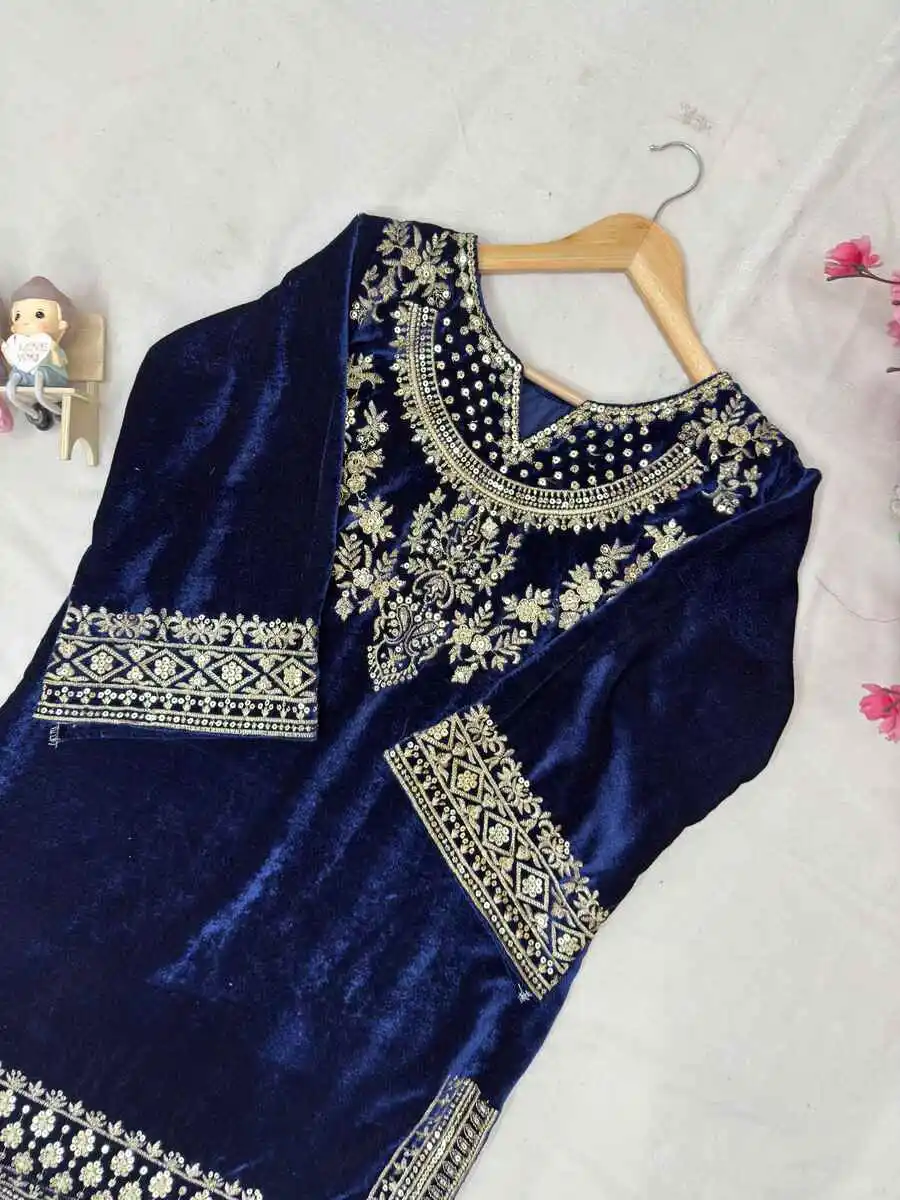NEW ARRIVAL VELVET SEQUENCE & ZARI EMBROIDERY WORK TOP PALAZZO SET FESTIVE WEAQR WHOLESALE PRICE ETHNIC GARMENT (9)