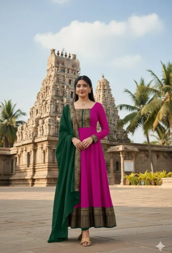 NEW ARRIVAL VICHITRA SILK JACQUARD LACE WORK ANARKALI GOWN WITH DUPATTA PINK