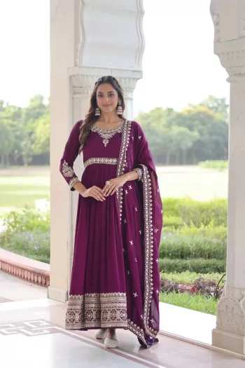 NEW ARRIVAL VICHITRA SILK SEQUENCE EMBROIDERY WORK GOWN WITH DUPATTA PURPLE