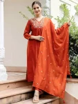 NEW ARRIVAL VISCOSE BLEND SEQUENCE EMBROIDERY WORK TOP BOTTOM WITH DUPATTA ORANGE