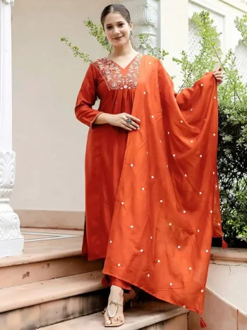 NEW ARRIVAL VISCOSE BLEND SEQUENCE EMBROIDERY WORK TOP BOTTOM WITH DUPATTA ORANGE