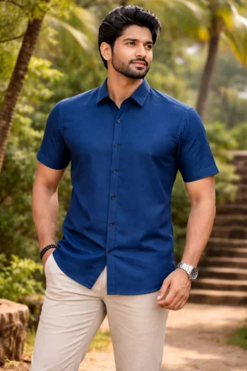 PREMIUM COTTON SILK PLAIN MEN'S SHIRT BLUE