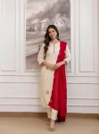 RICH LOOK CHANDERI EMBROIDERY WORK TOP BOTTOM WITH DUPATTA OFF WHITE AND RED