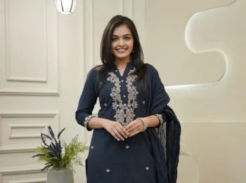 RICH LOOK CHANDERI EMBROIDERY WORK TOP BOTTOM WITH DUPATTA NAVY BLUE