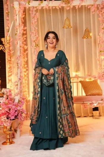 RICH LOOK CHANDERI SEQUENCE EMBROIDERY WORK TOP PALAZZO WITH DUPATTA MORPICH