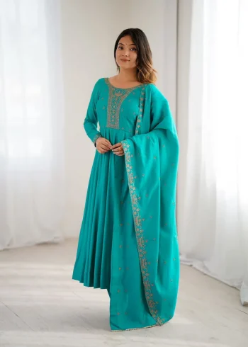 RICH LOOK CHANDERI SILK FANCY HANDWORK BEADS WORK, WITH FANCY BEADS LACE WORK GOWN BOTTOM WITH DUPATTA  CHANDERI SILK