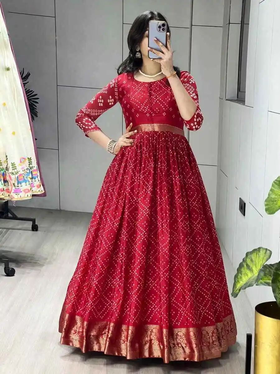 RICH LOOK CHINON BANDHANI PRINT WITH WEAVING GOLDEN ZARI BORDER WORK GOWN FESTIVE WEAR WHOLESALE PRICE ETHNIC GARMENT (1)