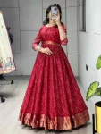 RICH LOOK CHINON BANDHANI PRINT WITH WEAVING GOLDEN ZARI BORDER WORK GOWN FESTIVE WEAR WHOLESALE PRICE ETHNIC GARMENT (3)