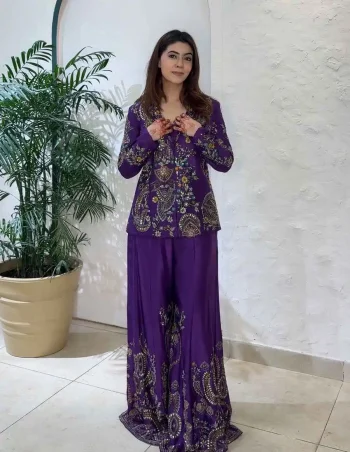 RICH LOOK CHINON SEQUENCE EMBROIDERY WORK BLOUSE KOTI WITH PALAZZO PURPLE