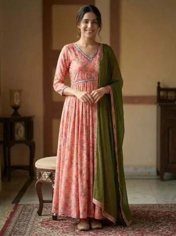RICH LOOK CHINON DIGITAL PRINT WITH HAND WORK GOWN BOTTOM WITH DUPATTA PEACH