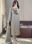 RICH LOOK CHINON SILK EMBROIDERY SEQUENCE WORK WITH RIVET MOTI WORK TOP BOTTOM WITH DUPATTA GREY