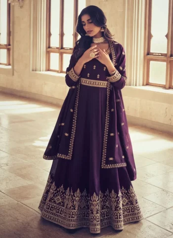 RICH LOOK CHINON SILK EMBROIDERY ZARI DORI SEQUENCE WORK GOWN WITH DUPATTA PURPLE