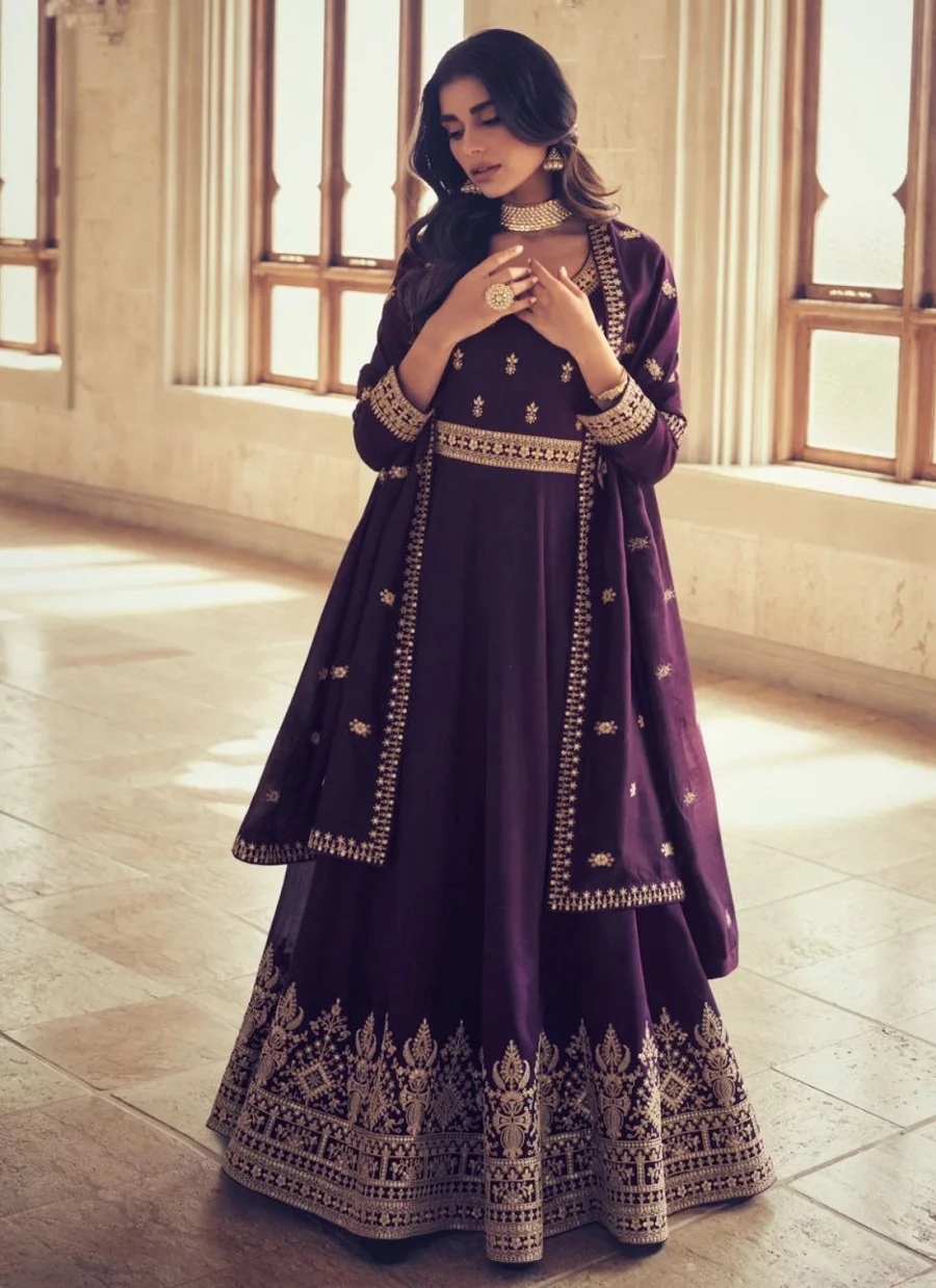 RICH LOOK CHINON SILK EMBROIDERY ZARI DORI SEQUENCE WORK GOWN WITH DUPATTA FESTIVE WEAR WHOLESALE PRICE ETHNIC GARMENT (2)