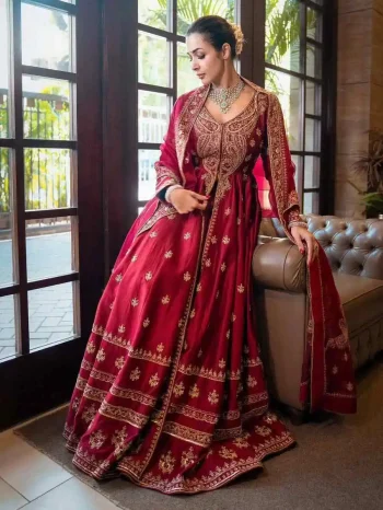 RICH LOOK CHINON SILK ZARI, THREAD & 5 MM SEQUENCE EMBROIDERY WORK GOWN BOTTOM WITH DUPATTA RED