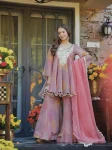 RICH LOOK COSMOS SILK THREAD WITH REAL MIRROR WORK & FANCY LACE WORK TOP PALAZZO WITH DUPATTA BABY PINK