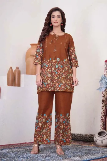 RICH LOOK COTTON PRINT WORK CO-ORD SET CHIKU