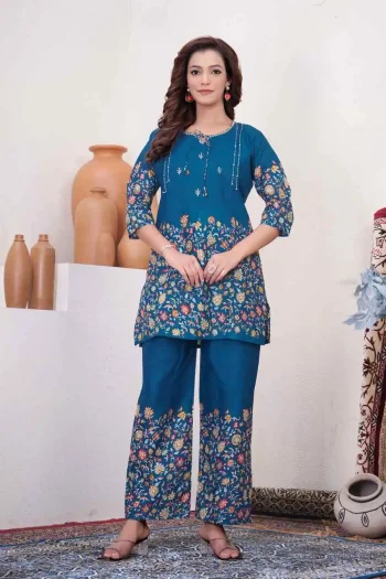 RICH LOOK COTTON PRINT WORK CO-ORD SET BLUE