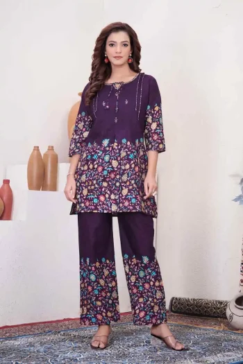 RICH LOOK COTTON PRINT WORK CO-ORD SET PURPLE