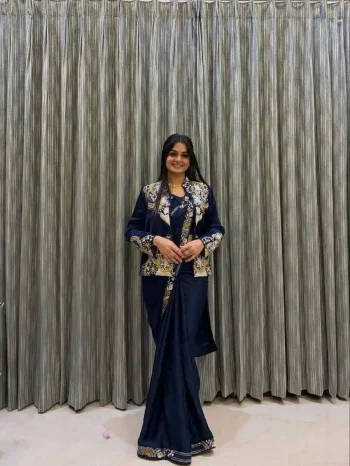 RICH LOOK CREPE EMBROIDERY SEQUENCE CODING WORK READY TO WEAR SAREE WITH BLOUSE AND KOTI NAVY BLUE