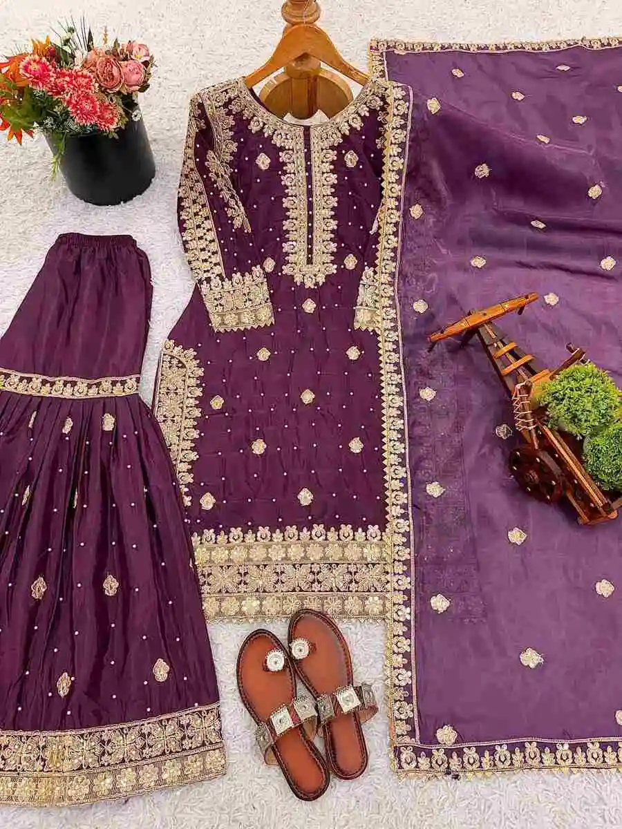 RICH LOOK CREPE SILK EMBROIDERY SEQUENCE WORK WITH BEADS WORK TOP SHARARA WITH DUPATTA FESTIVE WEAR WHOLESALE PRICE ETHNIC GARMENT (4)