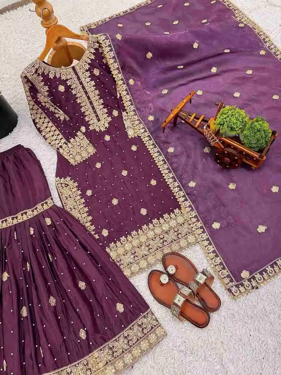 RICH LOOK CREPE SILK EMBROIDERY SEQUENCE WORK WITH BEADS WORK TOP SHARARA WITH DUPATTA FESTIVE WEAR WHOLESALE PRICE ETHNIC GARMENT (6)