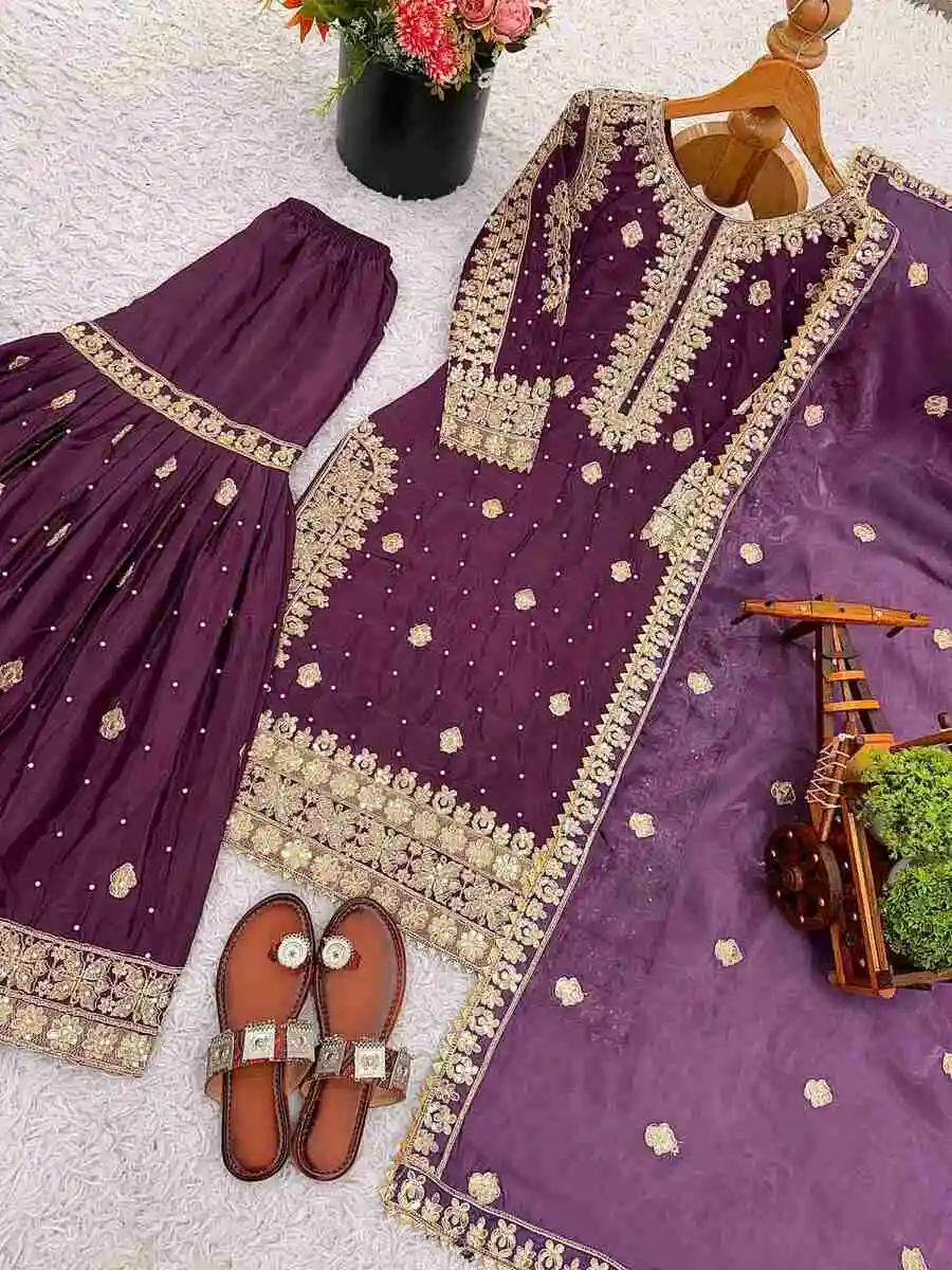 RICH LOOK CREPE SILK EMBROIDERY SEQUENCE WORK WITH BEADS WORK TOP SHARARA WITH DUPATTA FESTIVE WEAR WHOLESALE PRICE ETHNIC GARMENT (8)