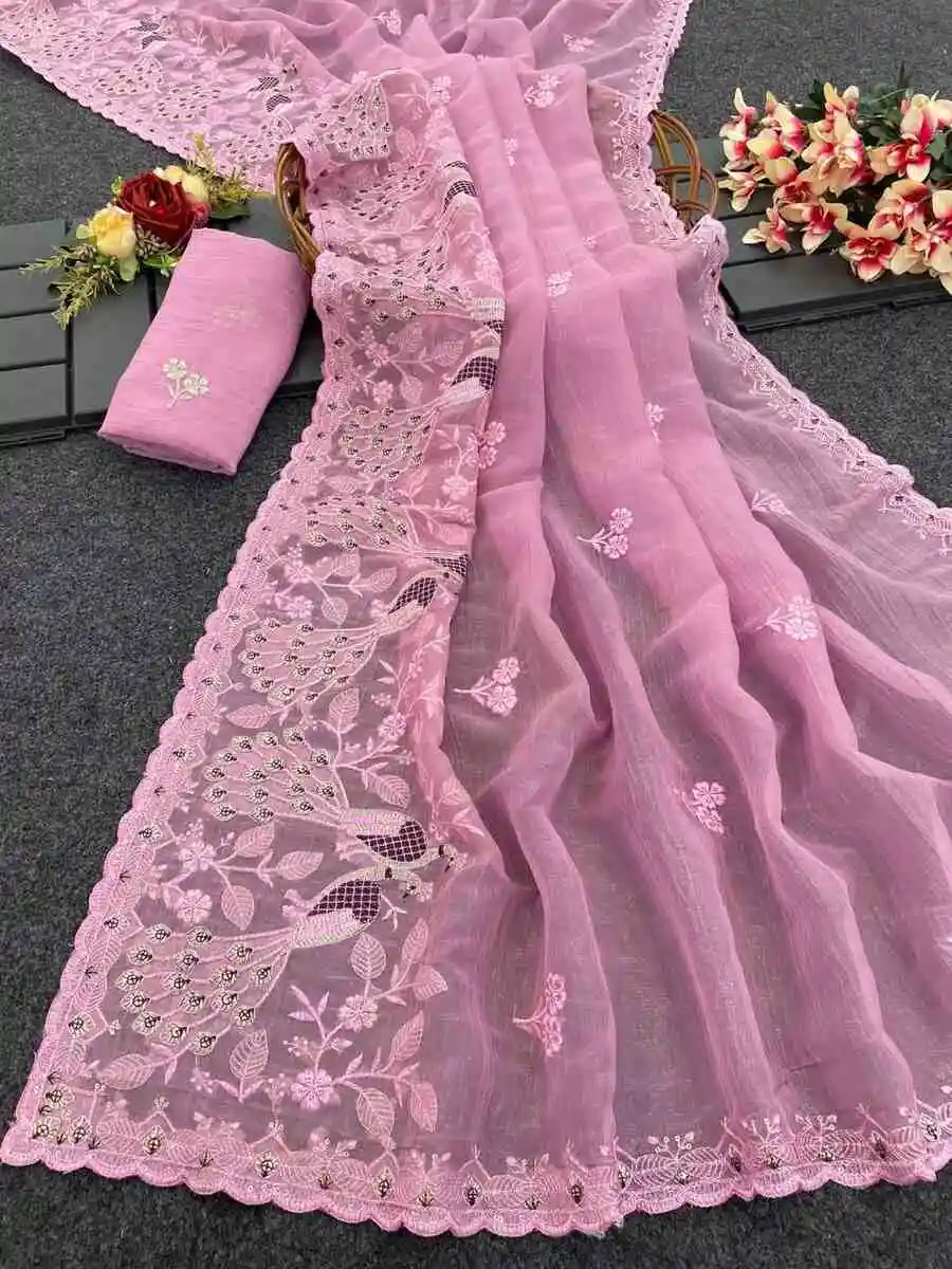 RICH LOOK CRUNCHY SILK CONTRAST PALLU EMBROIDERY AND CUT WORK BORDER WORK SAREE WITH UNSTITCHED BLOUSE WEDDING WEAR WHOLESALE PRICE ETHNIC GARMENT (6)