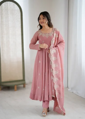 RICH LOOK CRUNCHY SILK EMBROIDERY SEQUENCE WORK GOWN BOTTOM WITH DUPATTA PINK